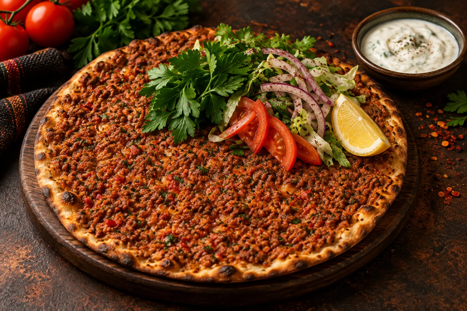 Frisch gebackener Lahmacun mit Salat, Petersilie und Zitrone